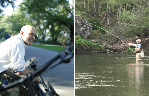 Abbas Rizvi smiles while sitting on a bicycle in a sunlit park in the left image, and stands in a shallow stream while fly fishing in the right image, surrounded by trees and nature.