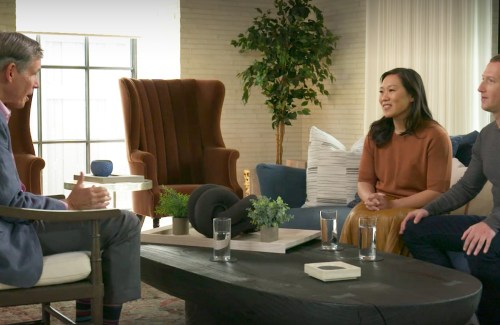 Eric Topol (left) speaks with Priscilla Chan (center) and Mark Zuckerberg (right)