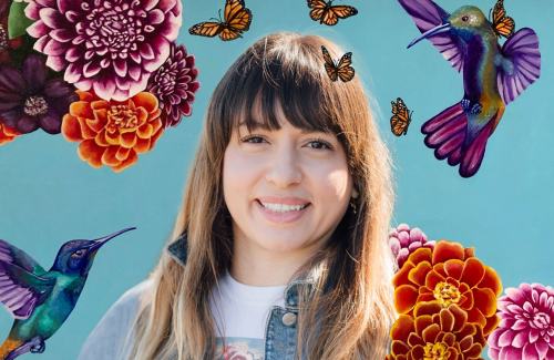 Sandra Moreno, CZI’s science program executive assistant, smiles in a headshot. She is surrounded by images from her original artwork — pink and orange flowers, hummingbirds and butterflies.