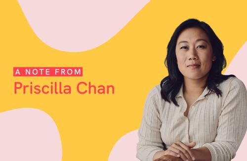 Priscilla Chan, co-CEO of the Chan Zuckerberg Initiative, looking at the camera with her arms folded and in front of a yellow and pink illustrated background.