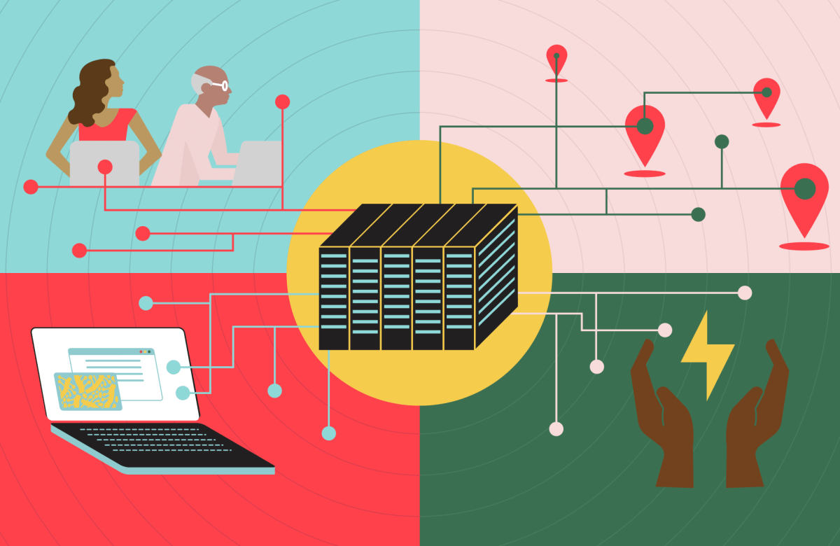 Illustration of science and technology, including people working on computers, an open laptop, location pins, and hands holding an electricity symbol.