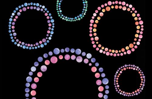 Pink, purple, blue and green double circles on a black background.
