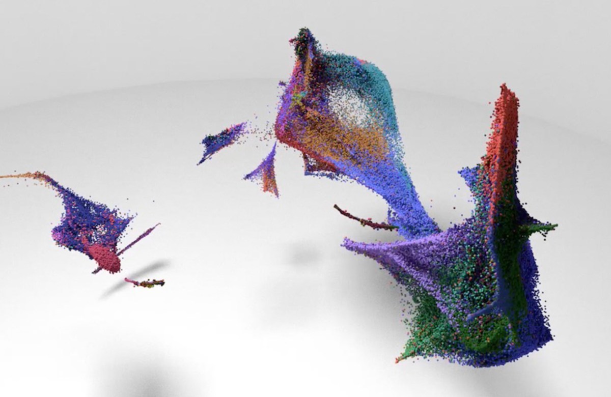 Data visualization shows a 3D abstraction of single cells from the early development of the mouse central nervous system.