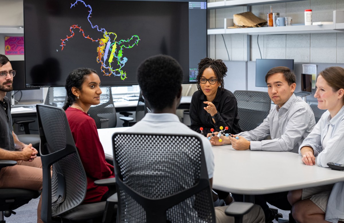 Group of researchers is sitting together at a table in a lab and talking with each other. In the background, a screen is shown depicting a photo of a protein.