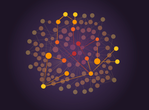 Stylized network diagram with interconnected nodes in red, orange, and yellow, representing gene relationships and illustrating CZI’s GREmLN AI model