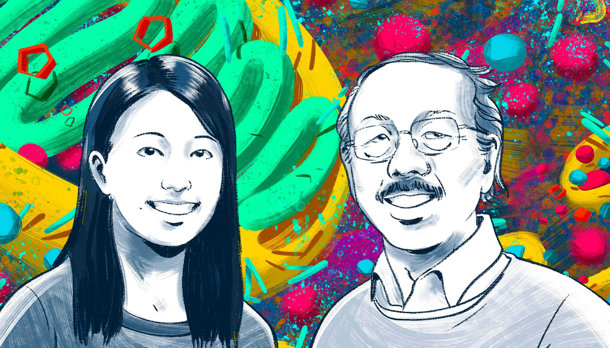 A colorful illustration of a woman and man smiling. An assortment of shapes representing the insides of a neuron are in the background.