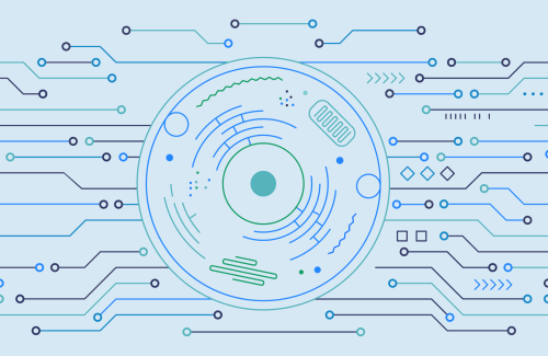 Abstract illustration representing a platform to centralize access to biologically relevant cell models and datasets, featuring interconnected circuits and circular patterns.