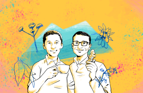 Illustration of two people smiling, one holding a cup of tea the other holding a ginger root