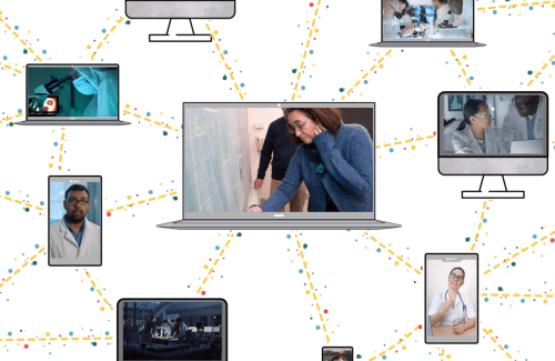 Illustration of connected laptops, tablets, and monitors displaying scientists and researchers, symbolizing collaboration and data sharing across the biomedical imaging community.